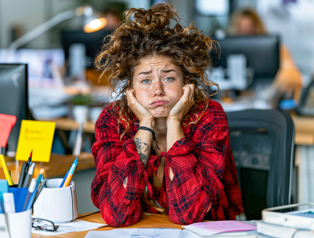 Lady at a desk, frustrated, by tamassia martins