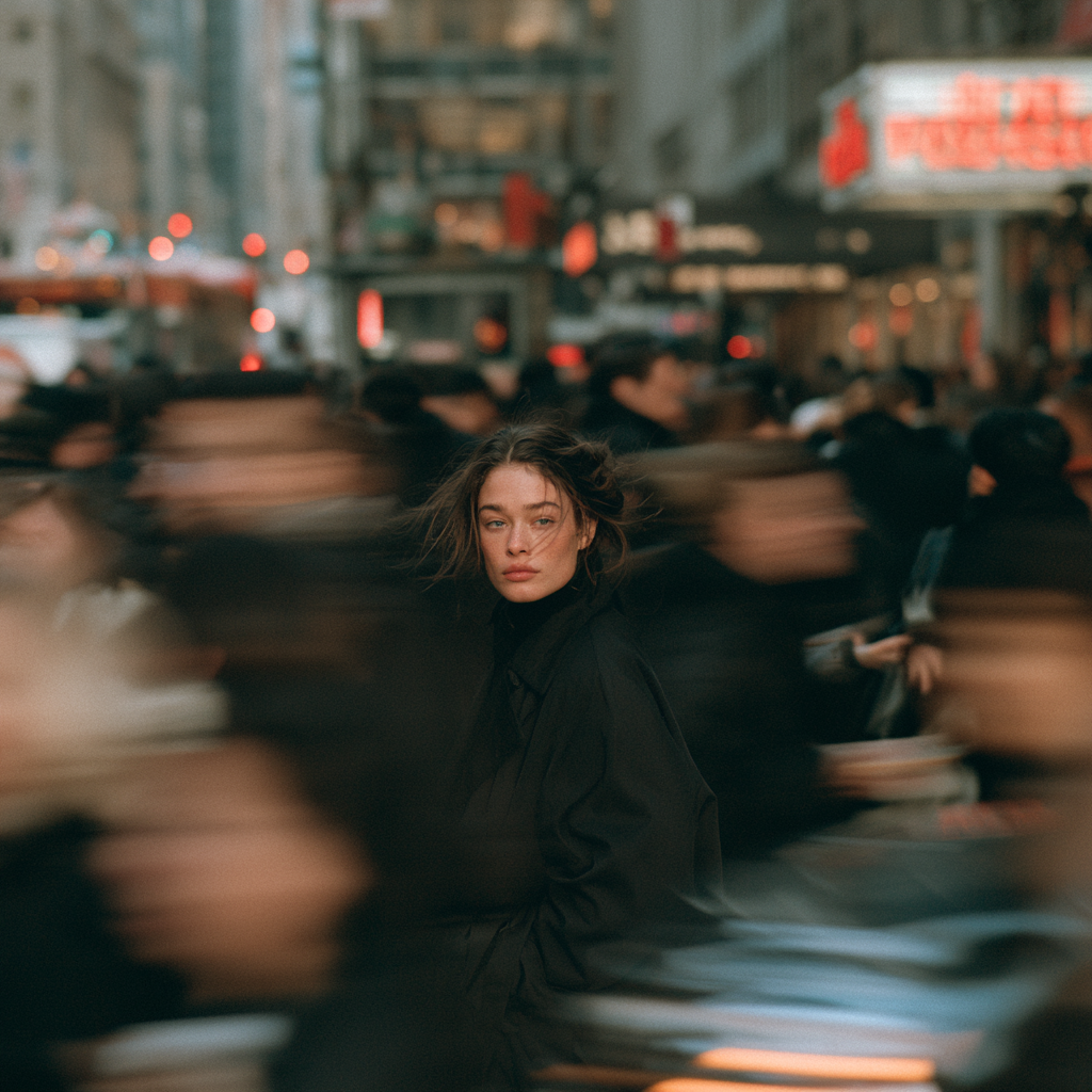 Train Yourself to Not Get Bothered – Finding Peace in a Busy World Street photographer captures a calm girl standing peacefully in a busy city while crowds rush past, illustrating how to train yourself to not get bothered by life's daily distractions.