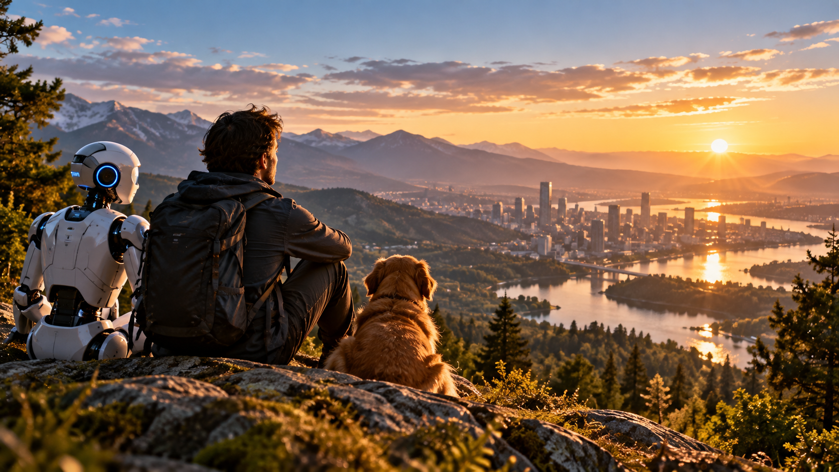 Artificial intelligence and human flourishing represented through technology, humanity, nature, and connection in harmony