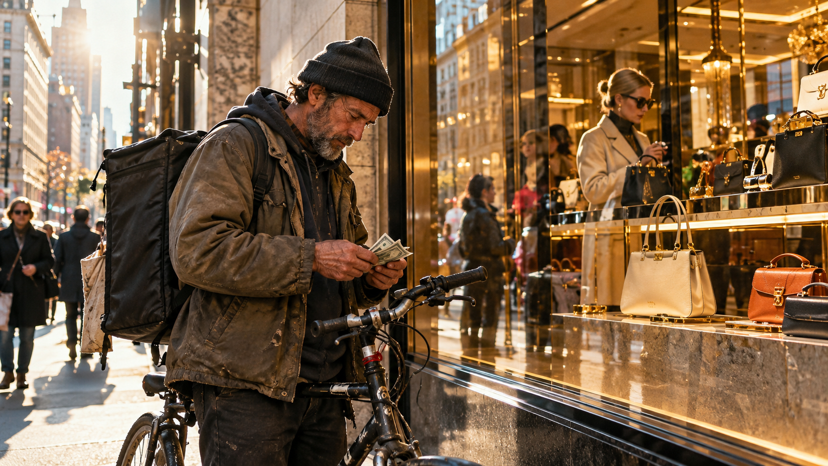 Income and Wealth — A City Street Moment A delivery worker counting cash outside a luxury storefront on a sunlit city street