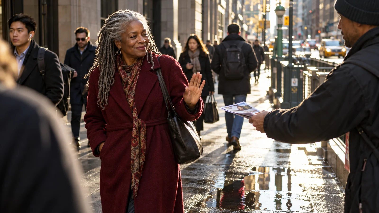 How to Say No Without Feeling Guilty A woman in a burgundy coat smiles and raises an open hand to decline a leaflet on a sunlit city sidewalk.
